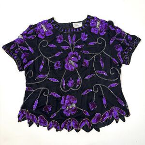 Papell Boutique Vintage 80s 90s Colorful Sequin Silk Formal Party Blouse 3X Zip